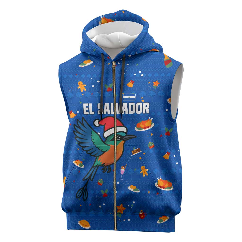El Salvador Christmas Sleeveless Zip Hoodie with Santa Hat Motmot Bird Traditional Foods and Blue Festive Pattern Design - Wonder Print Shop