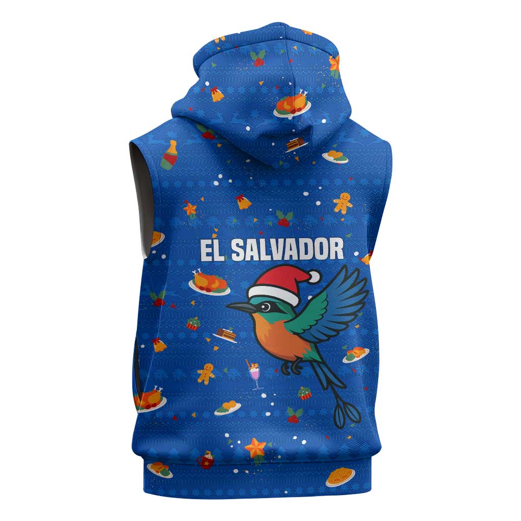 El Salvador Christmas Sleeveless Zip Hoodie with Santa Hat Motmot Bird Traditional Foods and Blue Festive Pattern Design - Wonder Print Shop