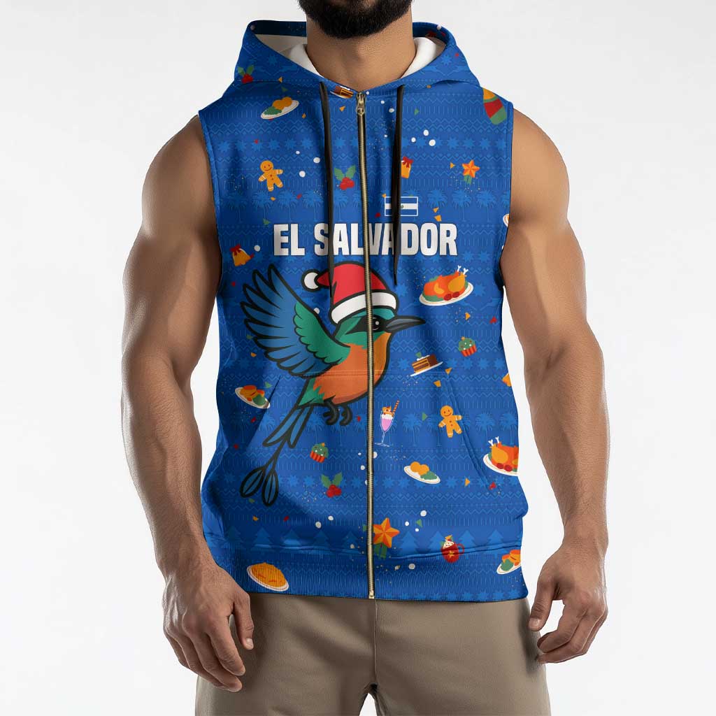 El Salvador Christmas Sleeveless Zip Hoodie with Santa Hat Motmot Bird Traditional Foods and Blue Festive Pattern Design - Wonder Print Shop