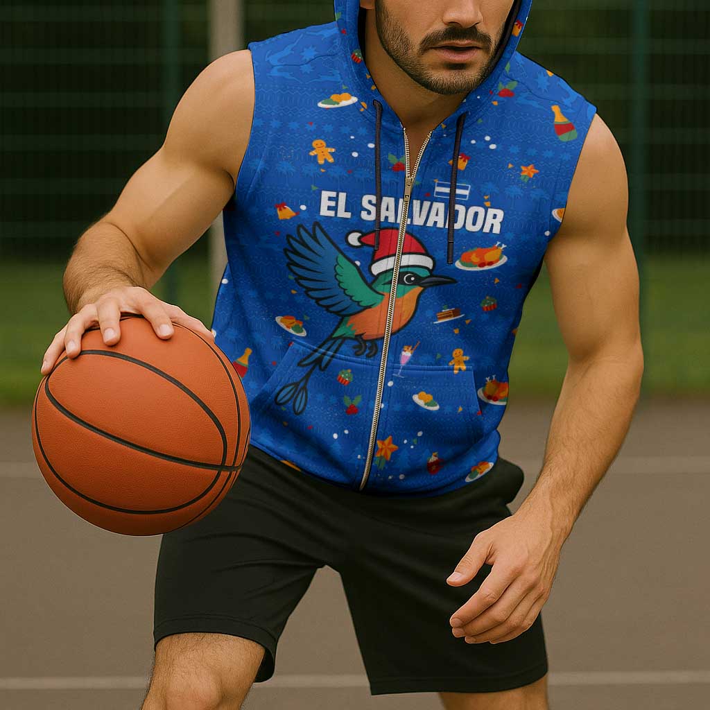El Salvador Christmas Sleeveless Zip Hoodie with Santa Hat Motmot Bird Traditional Foods and Blue Festive Pattern Design - Wonder Print Shop