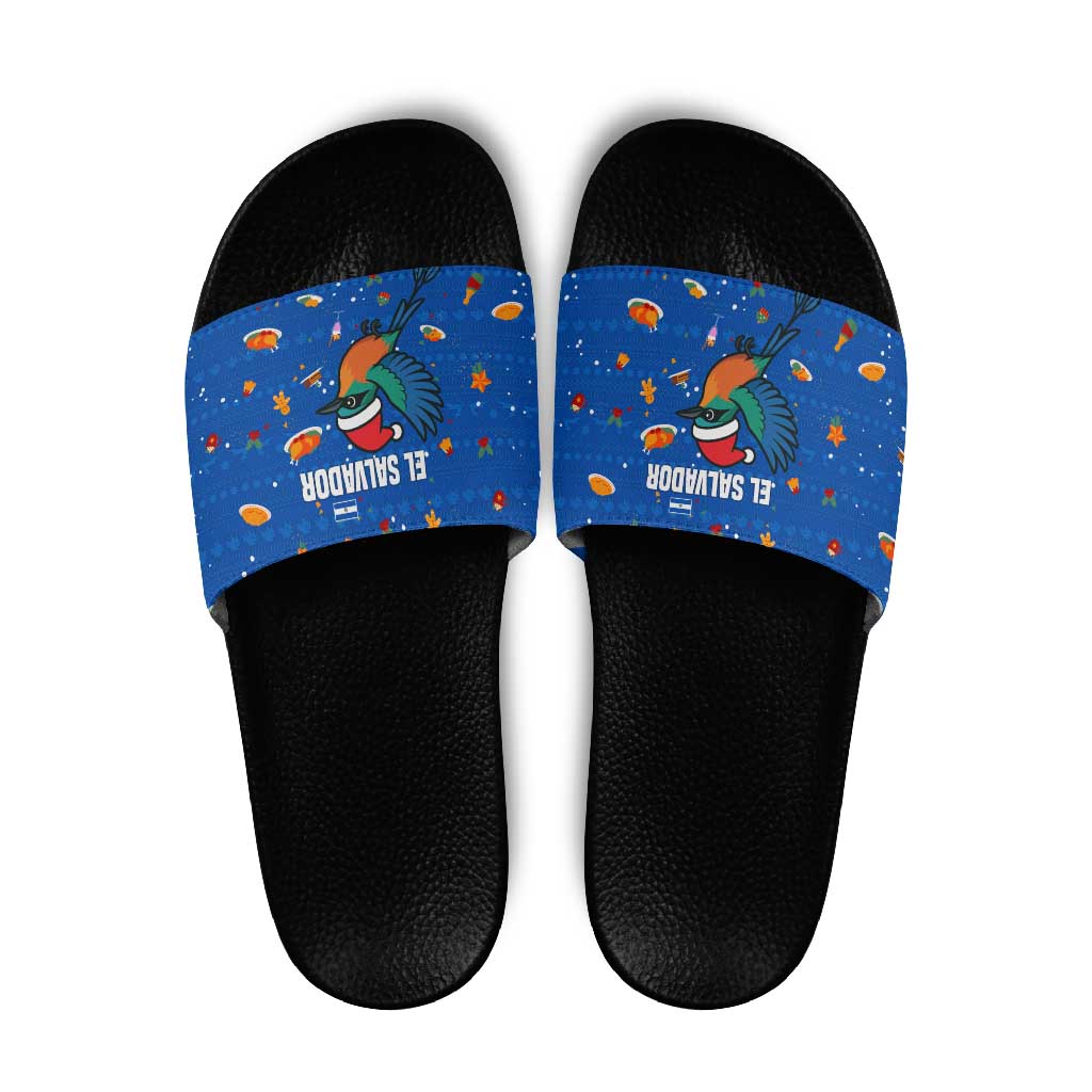 El Salvador Christmas Slide Sandals with Santa Hat Motmot Bird Traditional Foods and Blue Festive Pattern Design - Wonder Print Shop