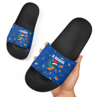 El Salvador Christmas Slide Sandals with Santa Hat Motmot Bird Traditional Foods and Blue Festive Pattern Design - Wonder Print Shop