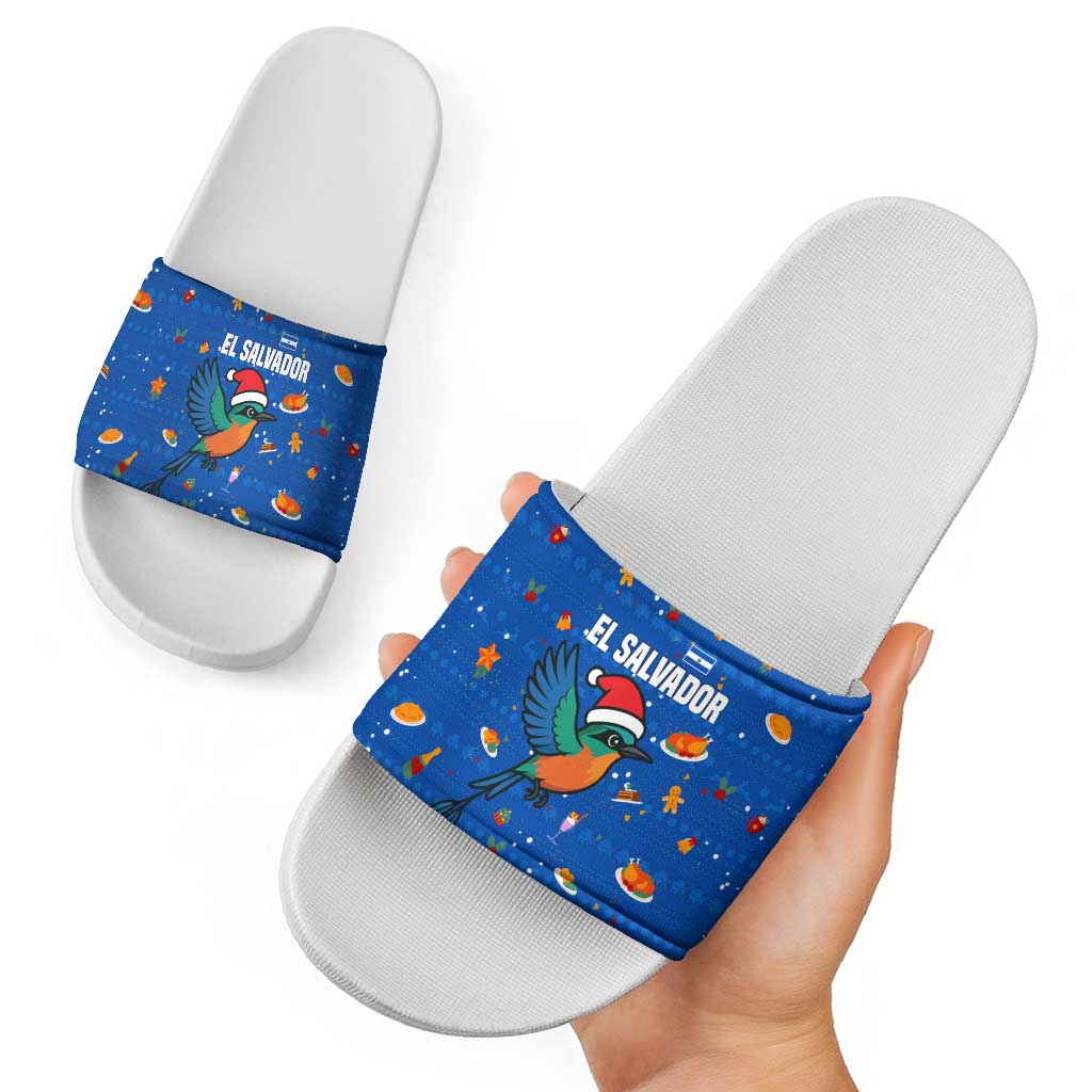 El Salvador Christmas Slide Sandals with Santa Hat Motmot Bird Traditional Foods and Blue Festive Pattern Design - Wonder Print Shop