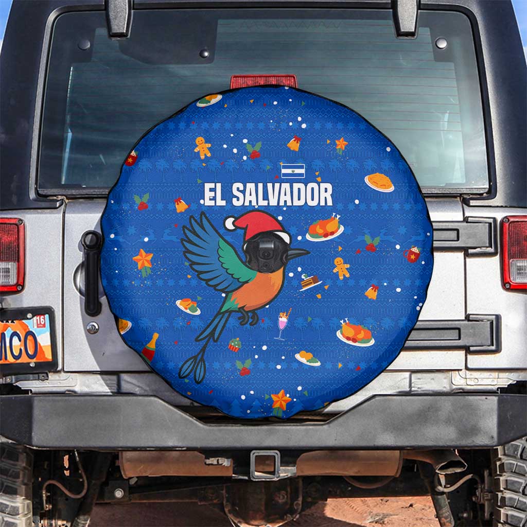 El Salvador Christmas Spare Tire Cover with Santa Hat Motmot Bird Traditional Foods and Blue Festive Pattern Design - Wonder Print Shop