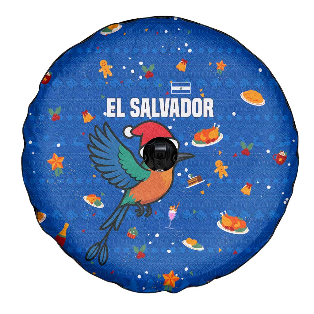 El Salvador Christmas Spare Tire Cover with Santa Hat Motmot Bird Traditional Foods and Blue Festive Pattern Design - Wonder Print Shop