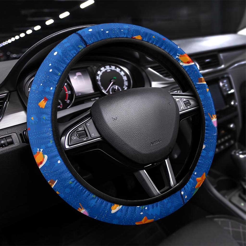 El Salvador Christmas Steering Wheel Cover with Santa Hat Motmot Bird Traditional Foods and Blue Festive Pattern Design - Wonder Print Shop