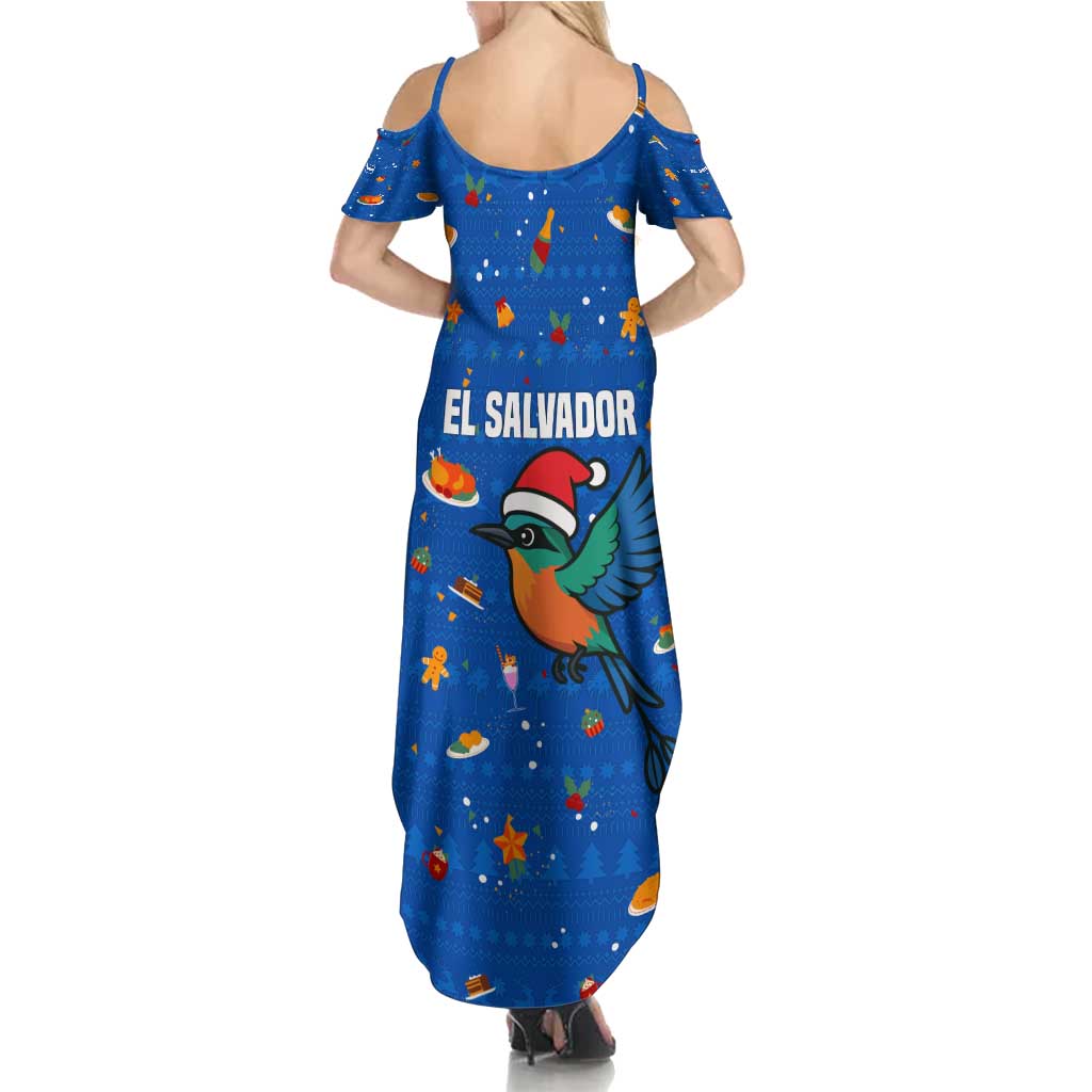 El Salvador Christmas Summer Maxi Dress with Santa Hat Motmot Bird Traditional Foods and Blue Festive Pattern Design - Wonder Print Shop