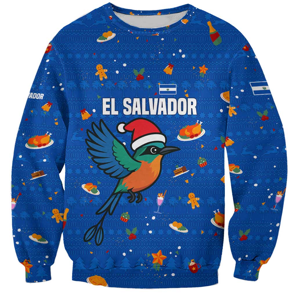 El Salvador Christmas Sweatshirt with Santa Hat Motmot Bird Traditional Foods and Blue Festive Pattern Design - Wonder Print Shop