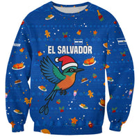 El Salvador Christmas Sweatshirt with Santa Hat Motmot Bird Traditional Foods and Blue Festive Pattern Design - Wonder Print Shop