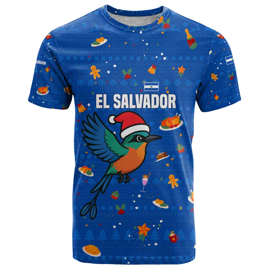 El Salvador Christmas T Shirt with Santa Hat Motmot Bird Traditional Foods and Blue Festive Pattern Design - Wonder Print Shop