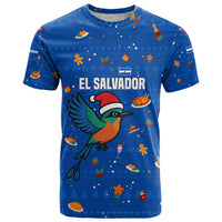 El Salvador Christmas T Shirt with Santa Hat Motmot Bird Traditional Foods and Blue Festive Pattern Design - Wonder Print Shop