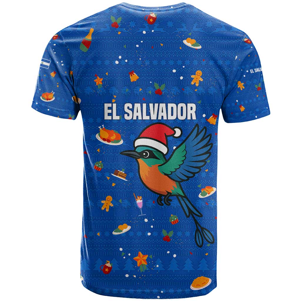 El Salvador Christmas T Shirt with Santa Hat Motmot Bird Traditional Foods and Blue Festive Pattern Design - Wonder Print Shop