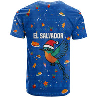 El Salvador Christmas T Shirt with Santa Hat Motmot Bird Traditional Foods and Blue Festive Pattern Design - Wonder Print Shop