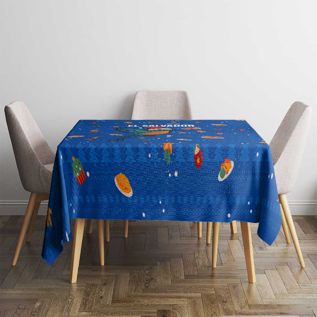 El Salvador Christmas Tablecloth with Santa Hat Motmot Bird Traditional Foods and Blue Festive Pattern Design - Wonder Print Shop