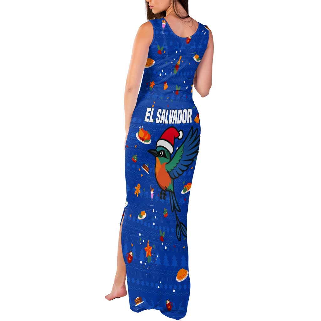 El Salvador Christmas Tank Maxi Dress with Santa Hat Motmot Bird Traditional Foods and Blue Festive Pattern Design - Wonder Print Shop