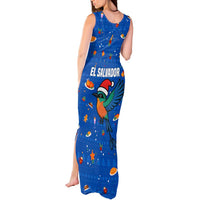 El Salvador Christmas Tank Maxi Dress with Santa Hat Motmot Bird Traditional Foods and Blue Festive Pattern Design - Wonder Print Shop
