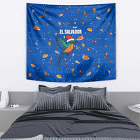 El Salvador Christmas Tapestry with Santa Hat Motmot Bird Traditional Foods and Blue Festive Pattern Design - Wonder Print Shop