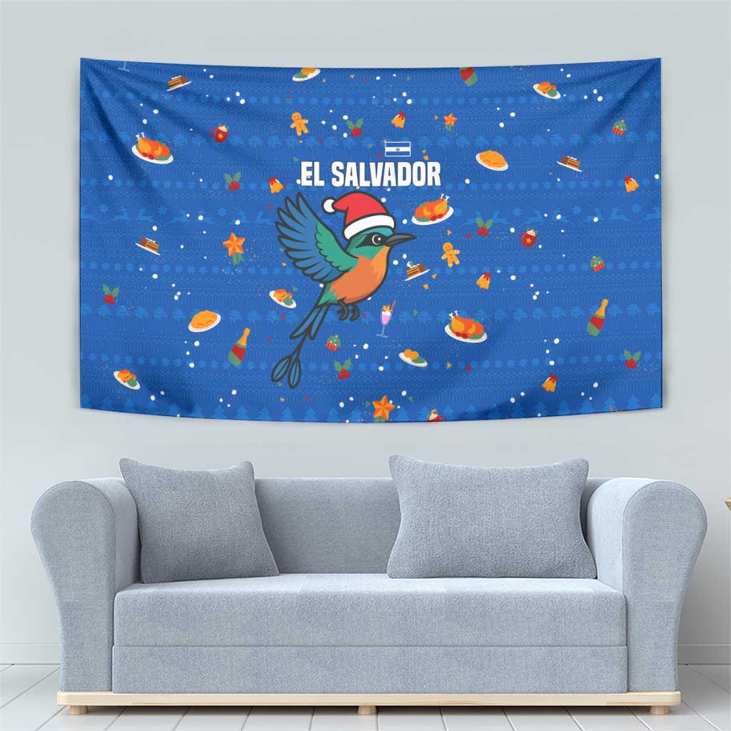 El Salvador Christmas Tapestry with Santa Hat Motmot Bird Traditional Foods and Blue Festive Pattern Design - Wonder Print Shop