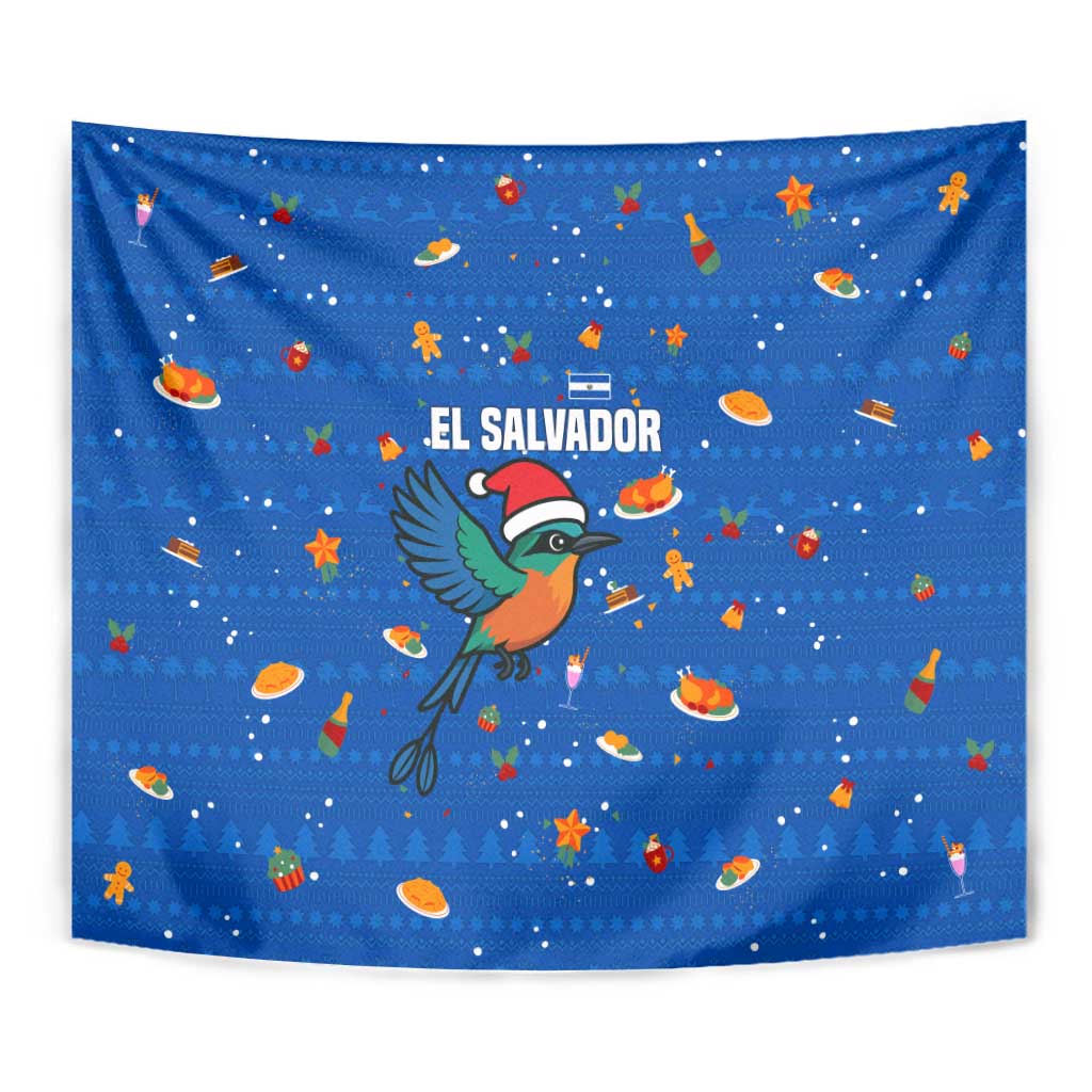 El Salvador Christmas Tapestry with Santa Hat Motmot Bird Traditional Foods and Blue Festive Pattern Design - Wonder Print Shop
