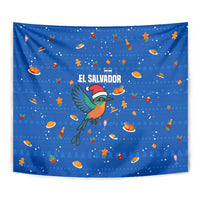 El Salvador Christmas Tapestry with Santa Hat Motmot Bird Traditional Foods and Blue Festive Pattern Design - Wonder Print Shop