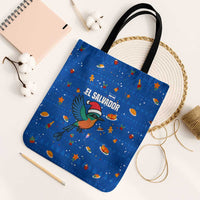 El Salvador Christmas Tote Bag with Santa Hat Motmot Bird Traditional Foods and Blue Festive Pattern Design - Wonder Print Shop