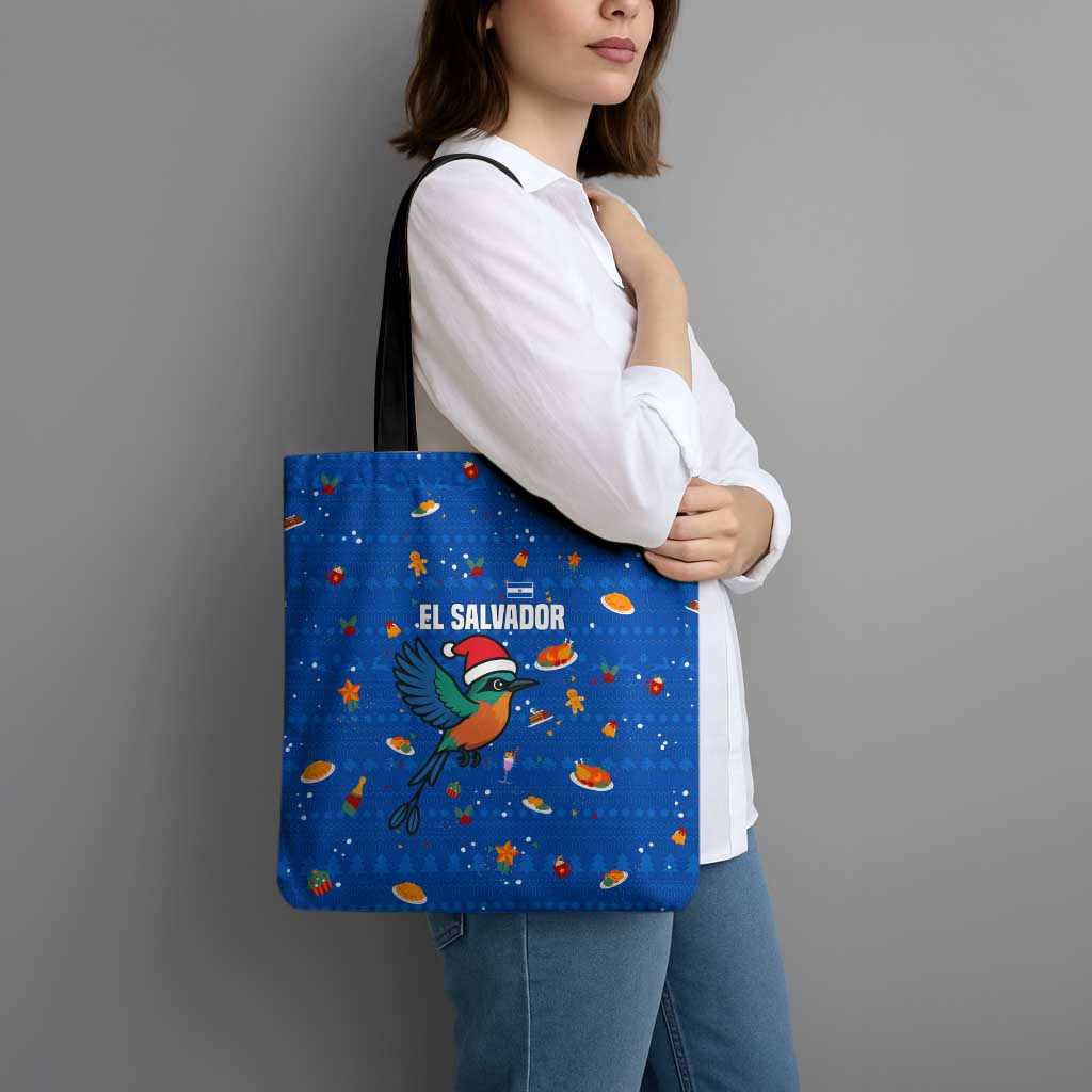 El Salvador Christmas Tote Bag with Santa Hat Motmot Bird Traditional Foods and Blue Festive Pattern Design - Wonder Print Shop