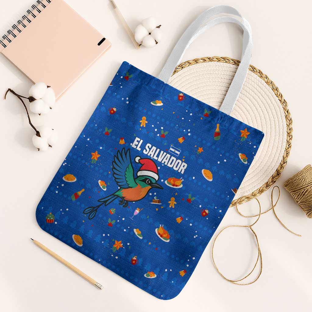 El Salvador Christmas Tote Bag with Santa Hat Motmot Bird Traditional Foods and Blue Festive Pattern Design - Wonder Print Shop