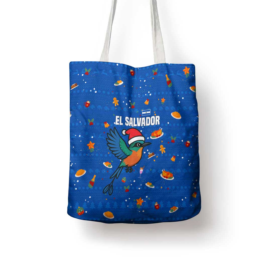 El Salvador Christmas Tote Bag with Santa Hat Motmot Bird Traditional Foods and Blue Festive Pattern Design - Wonder Print Shop