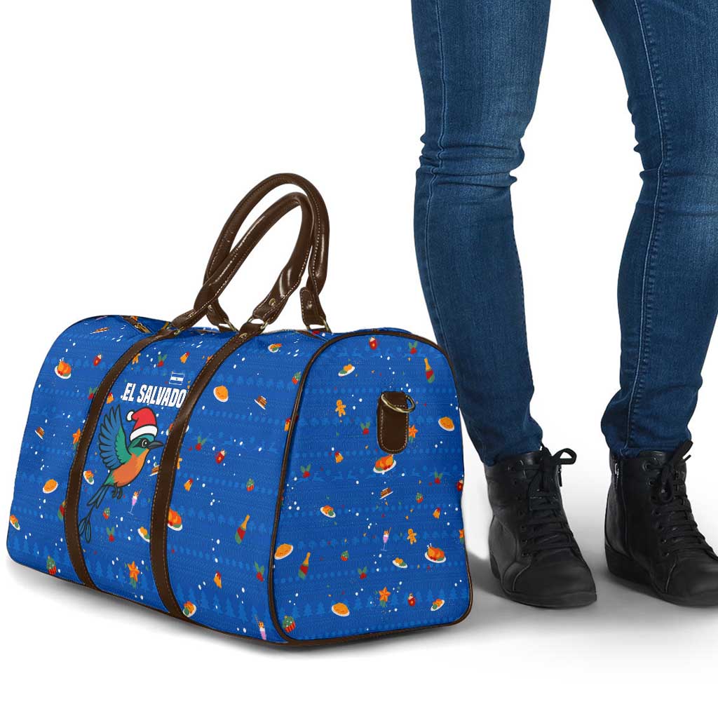 El Salvador Christmas Travel Bag with Santa Hat Motmot Bird Traditional Foods and Blue Festive Pattern Design - Wonder Print Shop