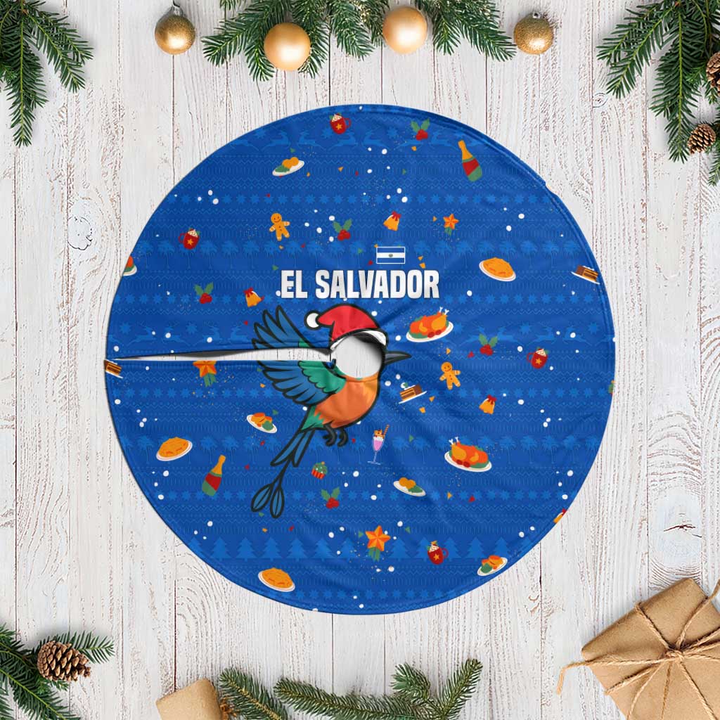 El Salvador Christmas Tree Skirt with Santa Hat Motmot Bird Traditional Foods and Blue Festive Pattern Design - Wonder Print Shop