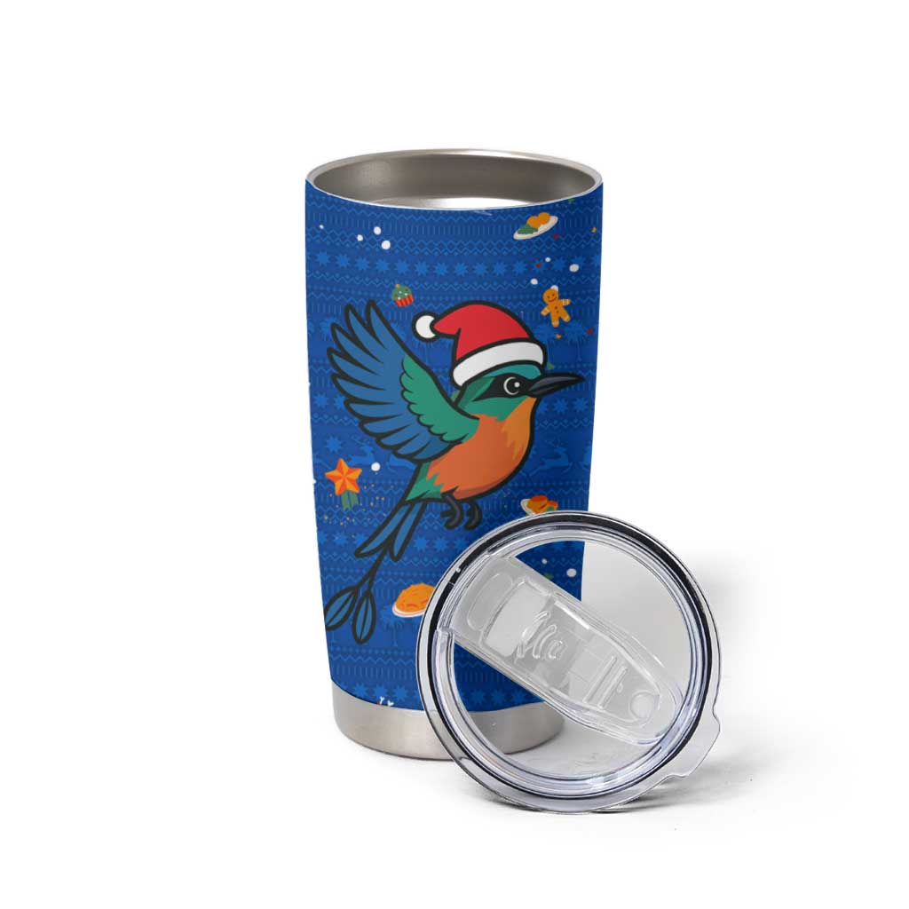 El Salvador Christmas Tumbler Cup with Santa Hat Motmot Bird Traditional Foods and Blue Festive Pattern Design - Wonder Print Shop