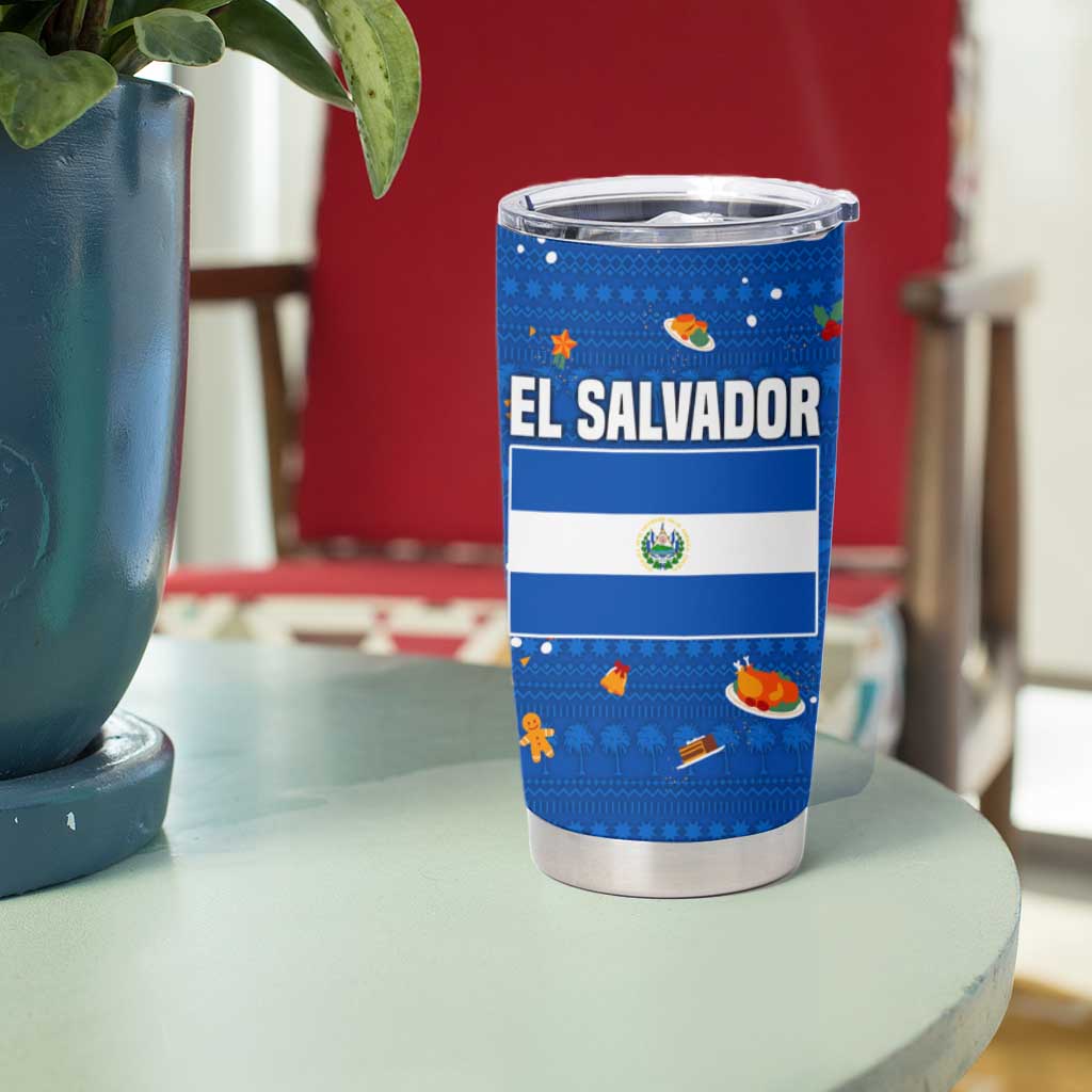 El Salvador Christmas Tumbler Cup with Santa Hat Motmot Bird Traditional Foods and Blue Festive Pattern Design - Wonder Print Shop