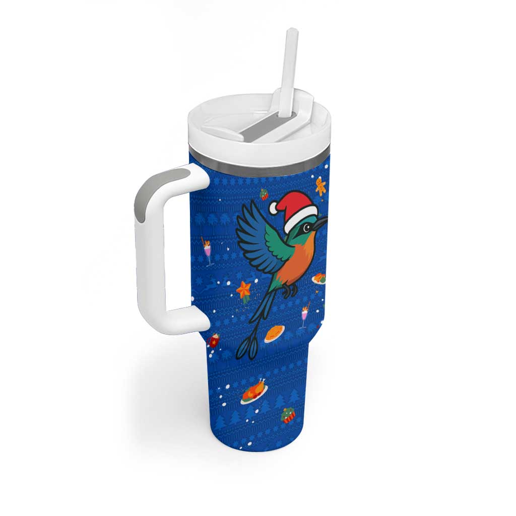 El Salvador Christmas Tumbler With Handle with Santa Hat Motmot Bird Traditional Foods and Blue Festive Pattern Design - Wonder Print Shop