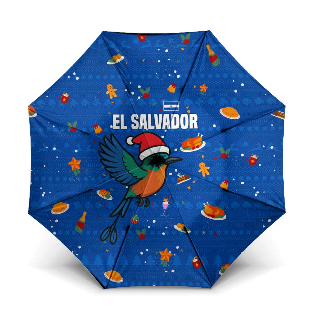 El Salvador Christmas Umbrella with Santa Hat Motmot Bird Traditional Foods and Blue Festive Pattern Design - Wonder Print Shop
