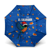 El Salvador Christmas Umbrella with Santa Hat Motmot Bird Traditional Foods and Blue Festive Pattern Design - Wonder Print Shop
