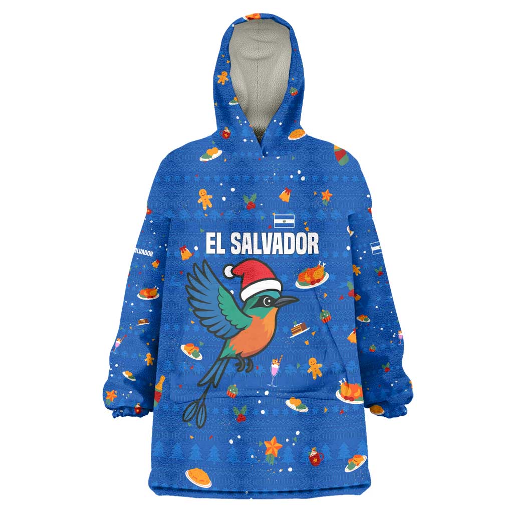 El Salvador Christmas Wearable Blanket Hoodie with Santa Hat Motmot Bird Traditional Foods and Blue Festive Pattern Design - Wonder Print Shop