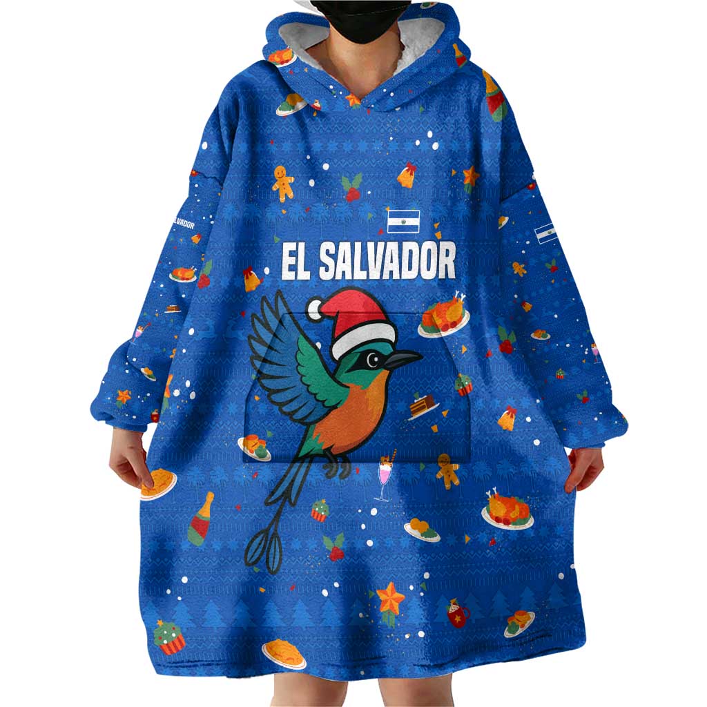 El Salvador Christmas Wearable Blanket Hoodie with Santa Hat Motmot Bird Traditional Foods and Blue Festive Pattern Design - Wonder Print Shop