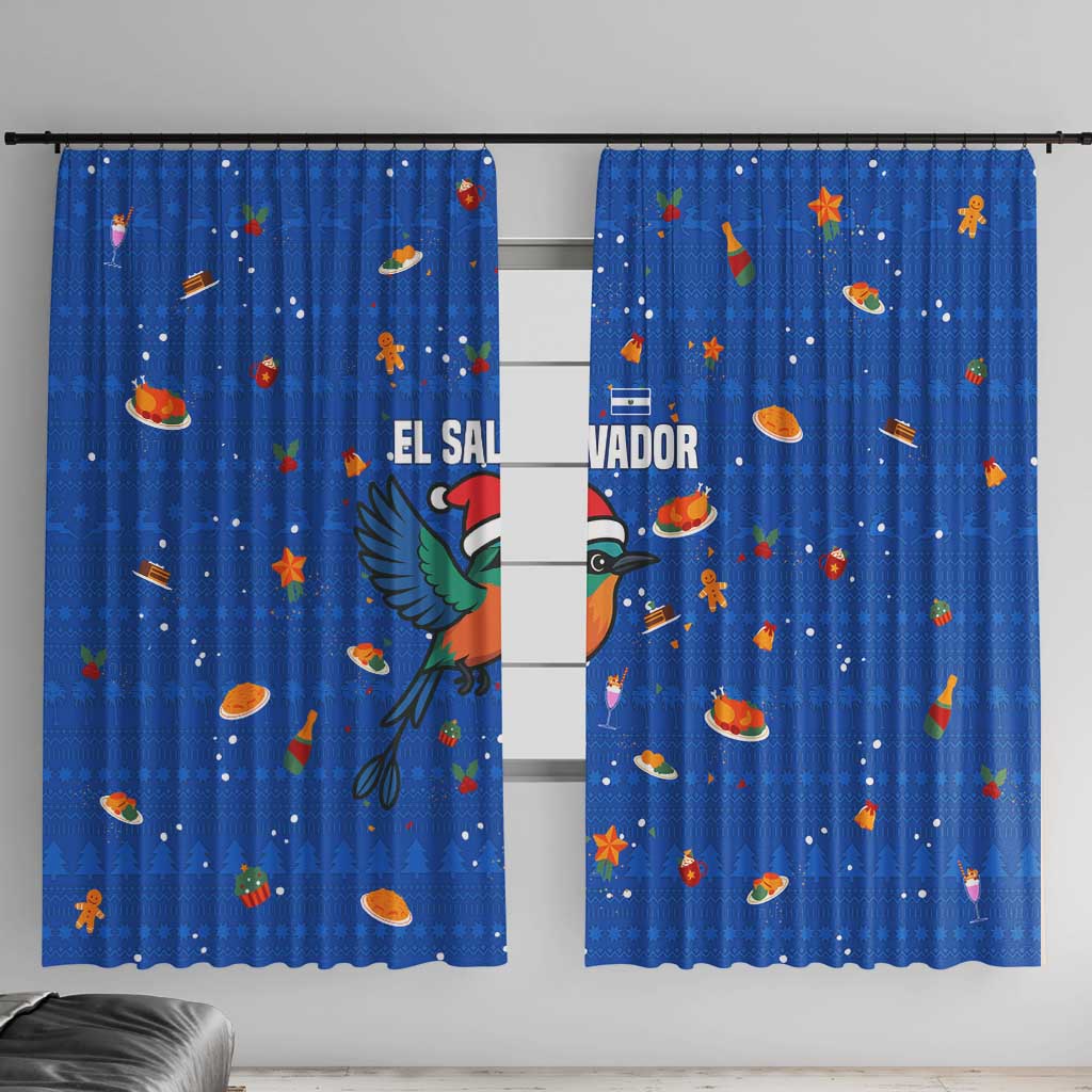 El Salvador Christmas Window Curtain with Santa Hat Motmot Bird Traditional Foods and Blue Festive Pattern Design - Wonder Print Shop