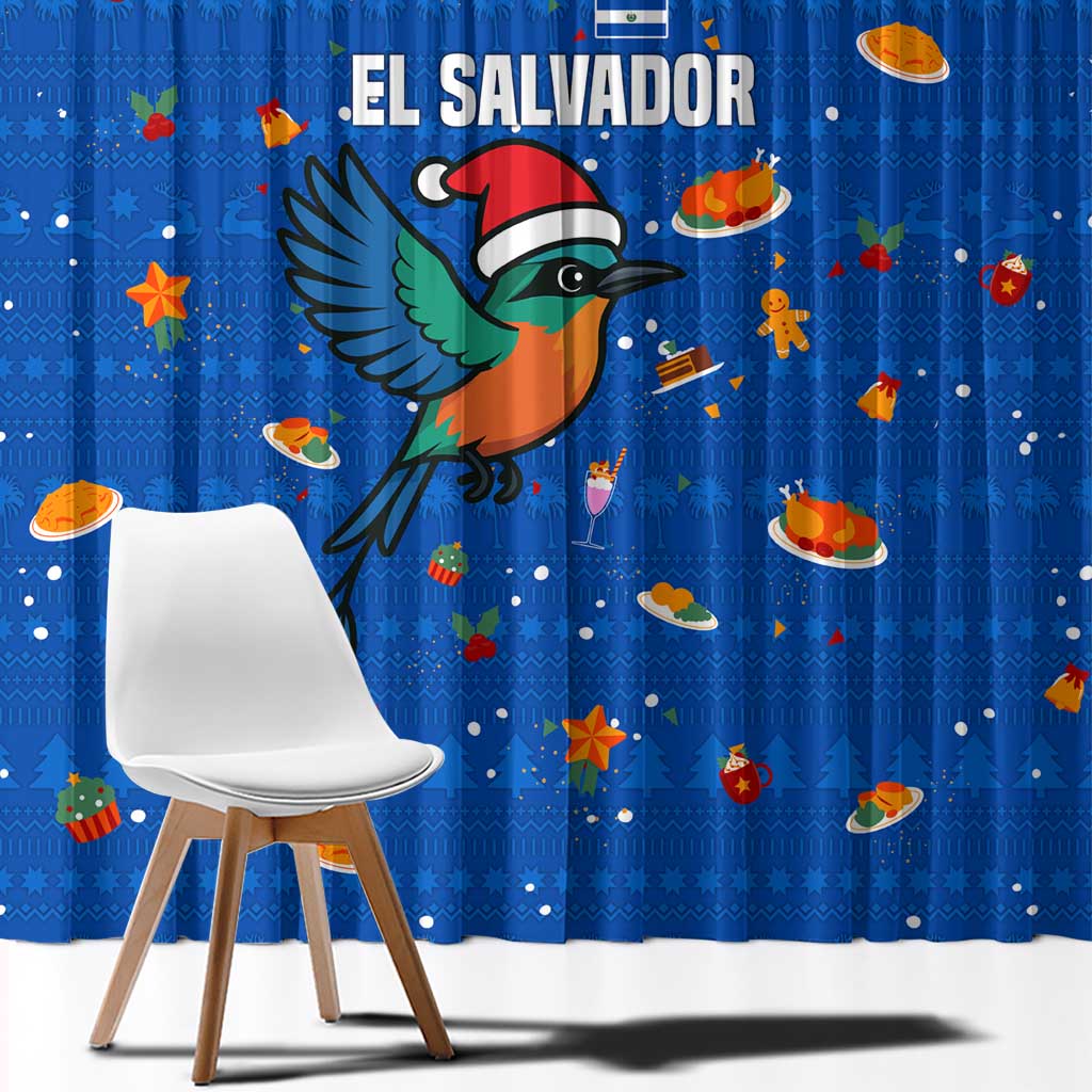 El Salvador Christmas Window Curtain with Santa Hat Motmot Bird Traditional Foods and Blue Festive Pattern Design - Wonder Print Shop