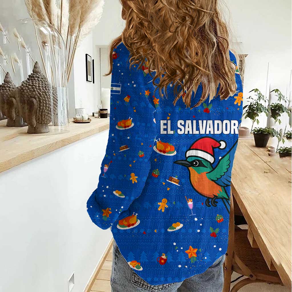 El Salvador Christmas Women Casual Shirt with Santa Hat Motmot Bird Traditional Foods and Blue Festive Pattern Design - Wonder Print Shop