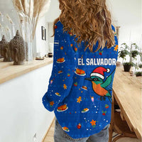 El Salvador Christmas Women Casual Shirt with Santa Hat Motmot Bird Traditional Foods and Blue Festive Pattern Design - Wonder Print Shop