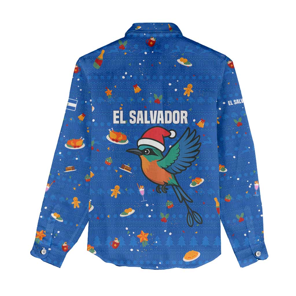 El Salvador Christmas Women Casual Shirt with Santa Hat Motmot Bird Traditional Foods and Blue Festive Pattern Design - Wonder Print Shop