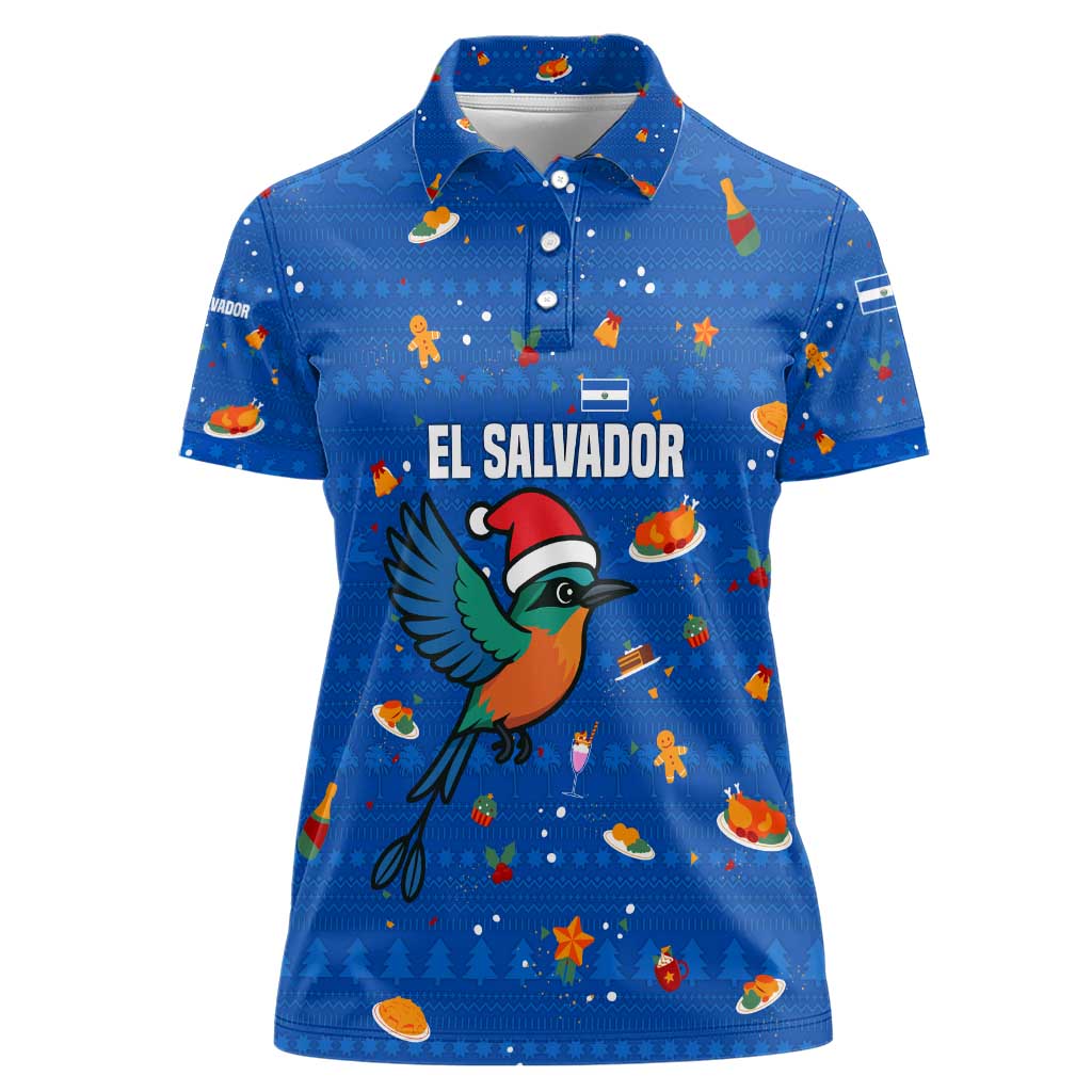 El Salvador Christmas Women Polo Shirt with Santa Hat Motmot Bird Traditional Foods and Blue Festive Pattern Design - Wonder Print Shop