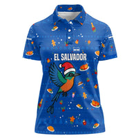 El Salvador Christmas Women Polo Shirt with Santa Hat Motmot Bird Traditional Foods and Blue Festive Pattern Design - Wonder Print Shop