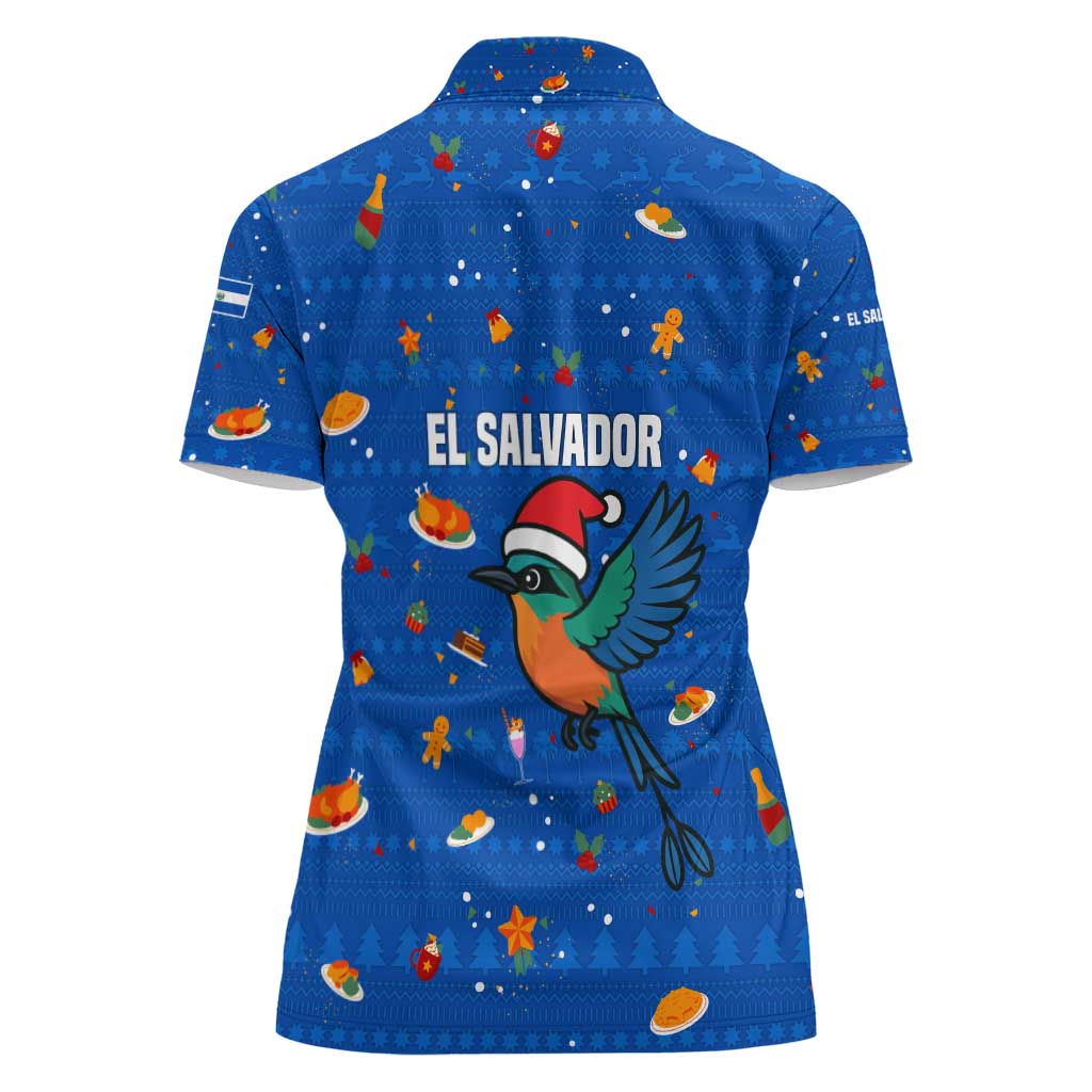 El Salvador Christmas Women Polo Shirt with Santa Hat Motmot Bird Traditional Foods and Blue Festive Pattern Design - Wonder Print Shop