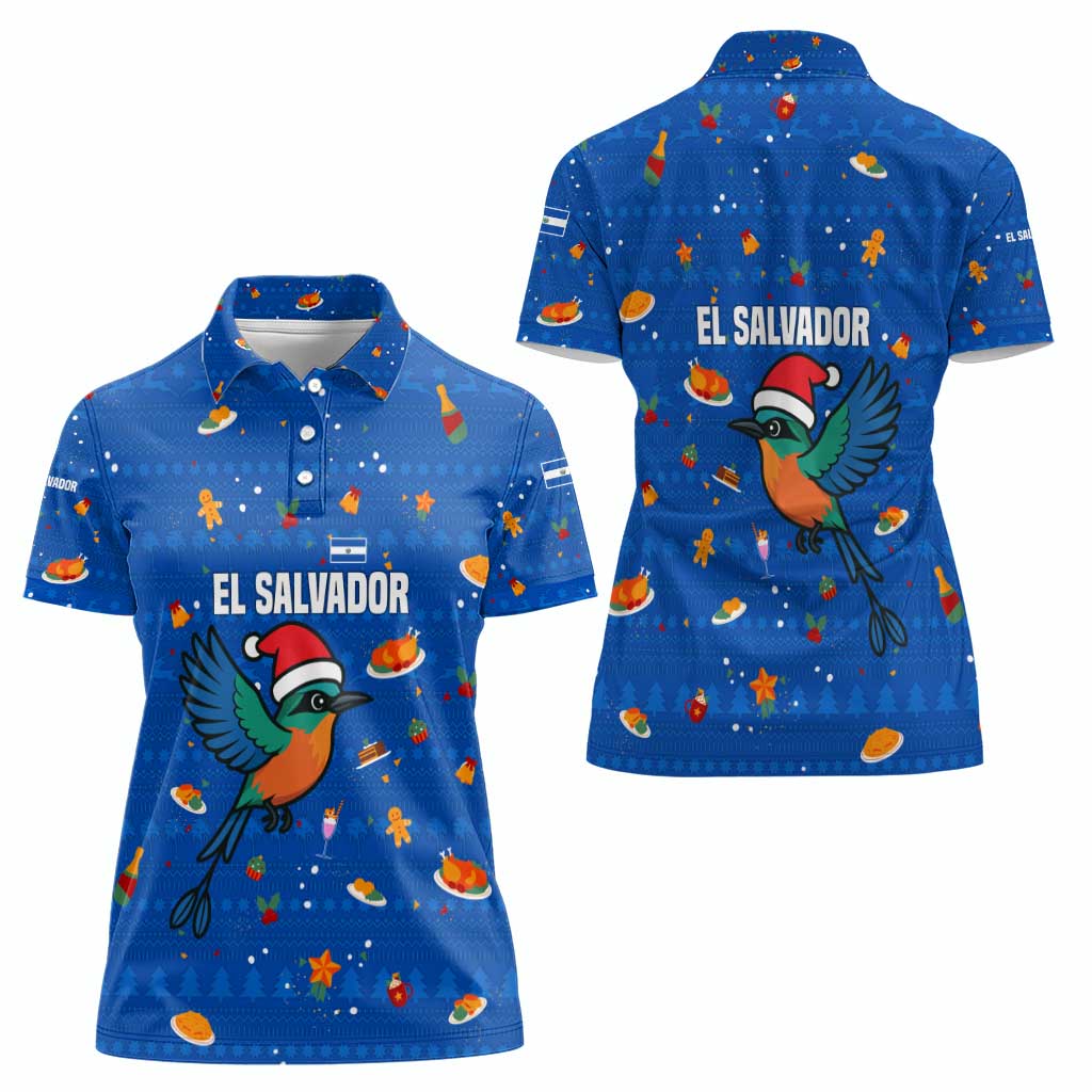El Salvador Christmas Women Polo Shirt with Santa Hat Motmot Bird Traditional Foods and Blue Festive Pattern Design - Wonder Print Shop