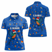 El Salvador Christmas Women Polo Shirt with Santa Hat Motmot Bird Traditional Foods and Blue Festive Pattern Design - Wonder Print Shop