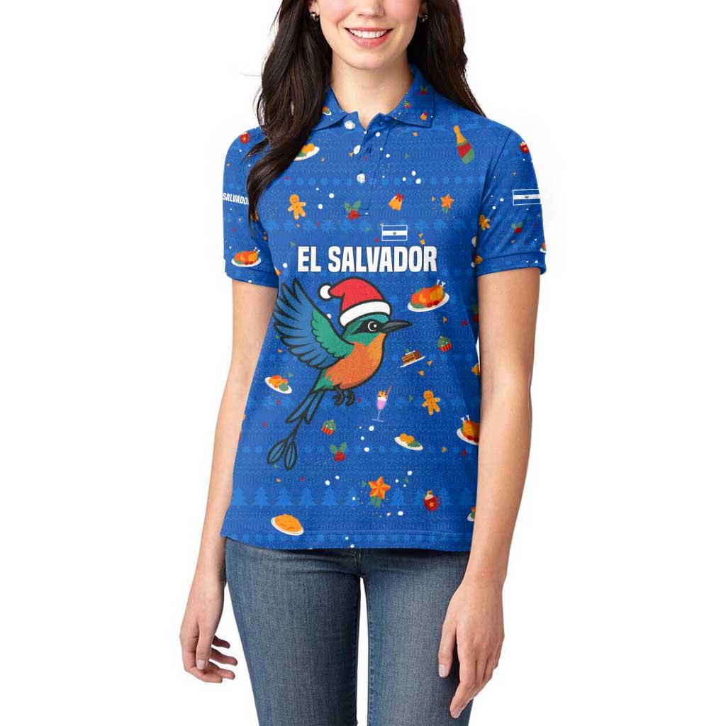 El Salvador Christmas Women Polo Shirt with Santa Hat Motmot Bird Traditional Foods and Blue Festive Pattern Design - Wonder Print Shop