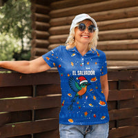 El Salvador Christmas Women Polo Shirt with Santa Hat Motmot Bird Traditional Foods and Blue Festive Pattern Design - Wonder Print Shop