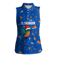 El Salvador Christmas Women Sleeveless Polo Shirt with Santa Hat Motmot Bird Traditional Foods and Blue Festive Pattern Design - Wonder Print Shop